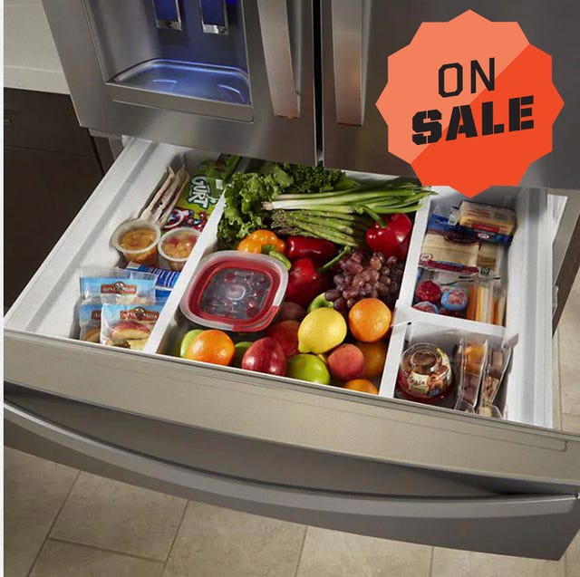 a refrigerator with a display of food