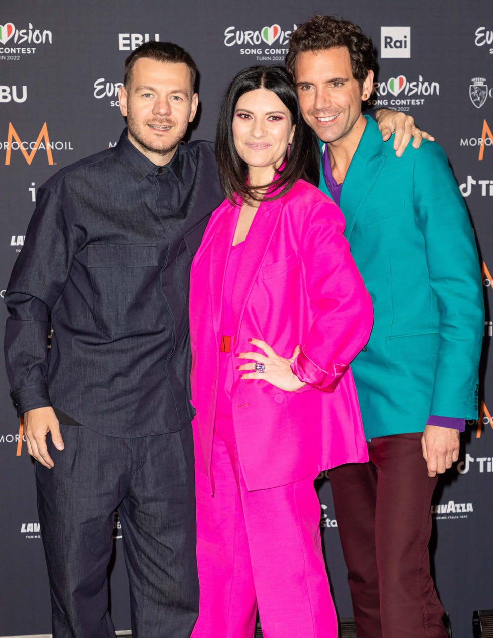 alessandro catttelan, laura pausini, mika  at the hosts press conference of eurovision song contest held at the olympic compound turin italy on may 9th, 2022