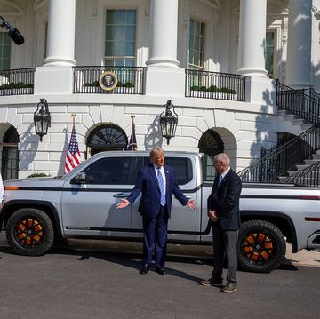 president trump inspects electric pickup truck at the white house