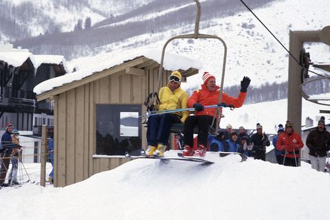 gerald ford waves to crowd on ski lift