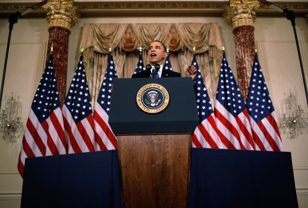Barack Obama: U.S. President Barack Obama delivers a speech on Mideast and North Africa policy at the State Department May 19, 2011 in Washington, DC. The 'Arab Spring' uprisings brought the region to the top of Obama's foreign policy agenda.