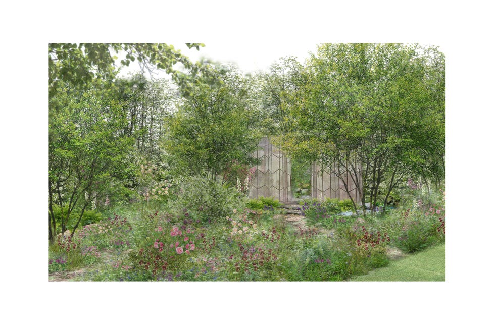 serene garden scene with flowering plants and abstract structures