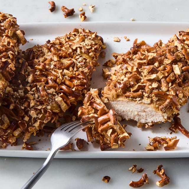 Pretzel-Crusted Chicken Breasts chicken breasts coated in crushed up pretzel pieces