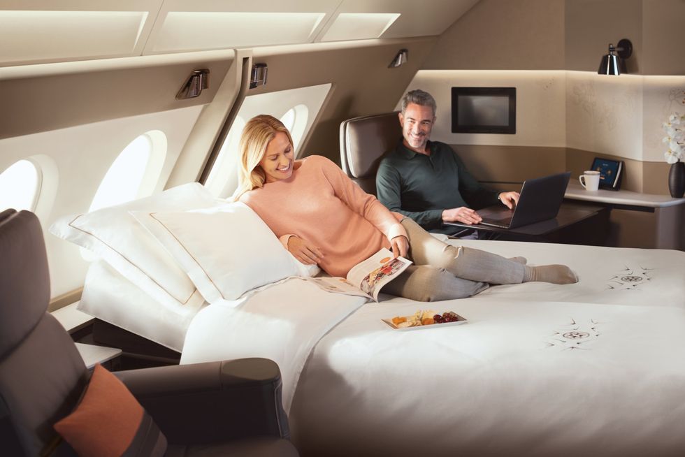 Comfort, Room, Furniture, Airline, Bed, Automotive design, Interior design, Airplane, Suite, Business jet, 