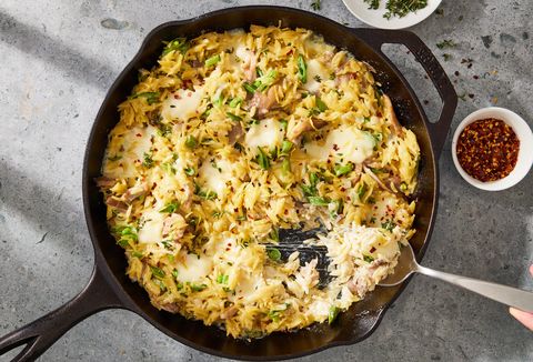 primavera baked orzo with red pepper flakes and herbs