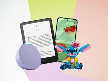 an echo pop speaker, a kindle, a google pixel 9 phone and a stitch lego set shown together