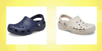 two pairs of crocs in navy and beige colors on a bright yellow background