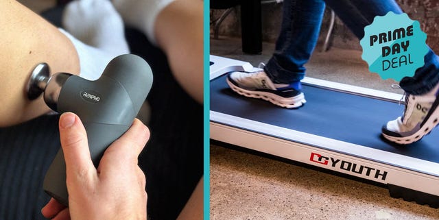 personal massage device and a person walking on a treadmill