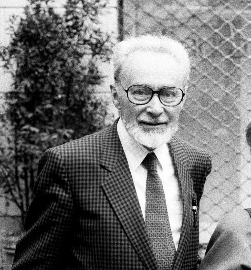 primo levi smiles at the camera while standing, he wears a plaid suit jacket, dress shirt, patterned tie and glasses