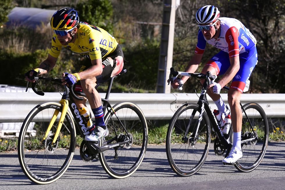 levens, france   march 14 primoz roglic of slovenia and team jumbo   visma yellow leader jersey  bruno armirail of france and team groupama   fdj during the 79th paris   nice 2021, stage 8 a 92,7km stage from le plan du var to levens 518m  stage itinerary redesigned due to covid 19 lockdown imposed in the city of nice  crash  injury parisnice  on march 14, 2021 in levens, france photo by bernard papon   poolgetty images