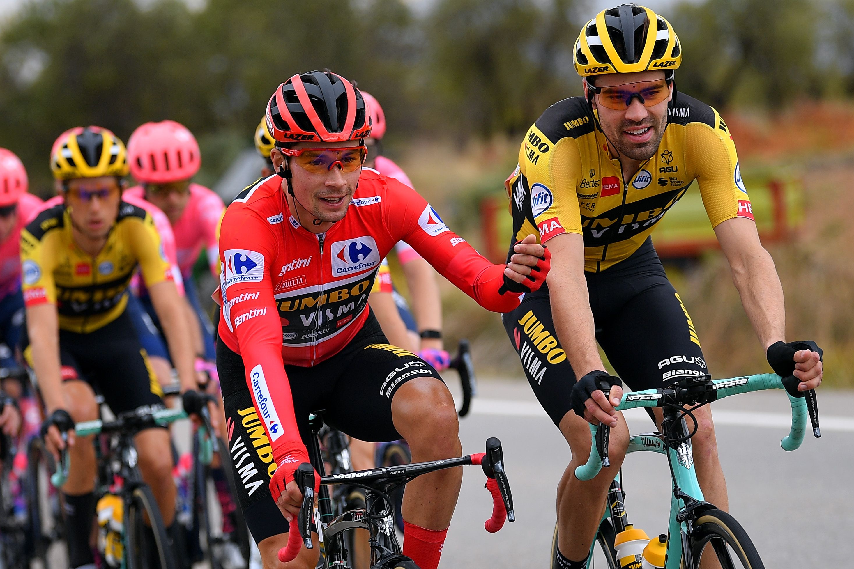 Primož Roglič (left) and Tom Dumoulin during Stage 3 of the 2020 Tour of Spain.