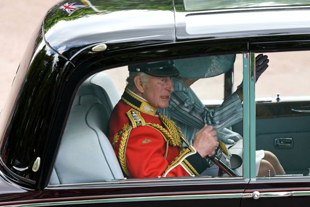 prince charles, prince of wales rides in a car during the trooping the colour parade