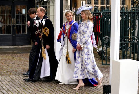 prince edward, duke and sophie, duchess of edinburgh arriving with lady louise windsor and the earl of wessex