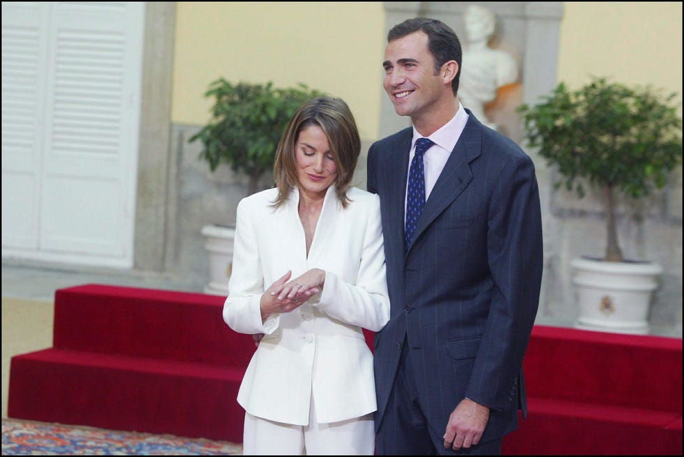 prince felipe of bourbon and letizia ortiz at pardo palace after the official announcement of their engagement in madrid, spain on november 06, 2003