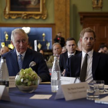 prince charles and prince harry sit at a table and listen to someone off screen, both men wear suits and several people sit behind them