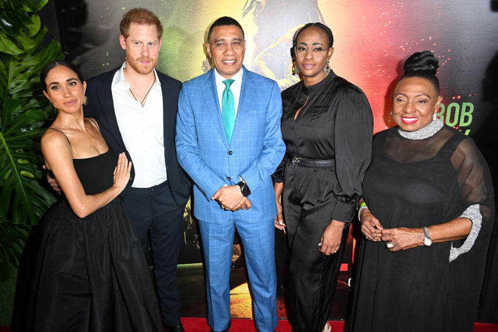 meghan, duchess of sussex, prince harry, duke of sussex, andrew holness, juliet holness and olivia grange attend premiere
