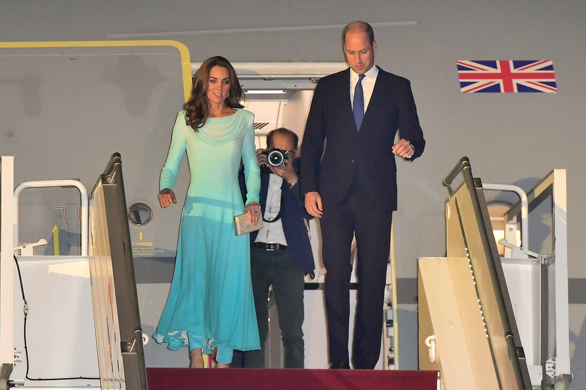 See Kate Middleton Arrive in Pakistan Wearing a Pale Blue Catherine Walker  Dress in Photos