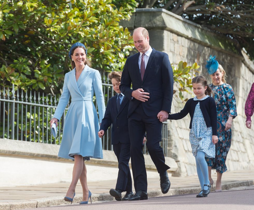 prince william, duke of cambridge, catherine, duchess of cambridge, prince george and princess charlotte attend the traditional easter sunday church service at st georges chapel