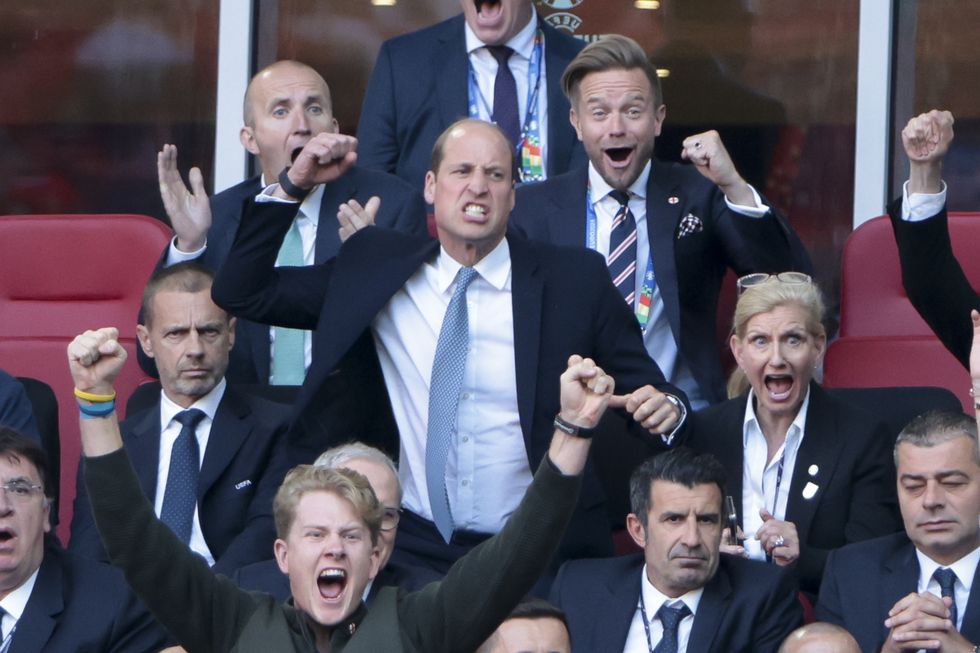 Dusseldorf, Germany, July 6: Prince William, Prince of Wales and FA President celebrates the goal of Bukayo Saka of England with FA Chair Debbie Hewitt, left: UEFA President Aleksander Ceferin during the UEFA Euro 2024 quarter-final match between England and Switzerland at the Dusseldorf Arena on July 6, 2024 in Dusseldorf, Germany. Photo: Jean Catuffegetty Images