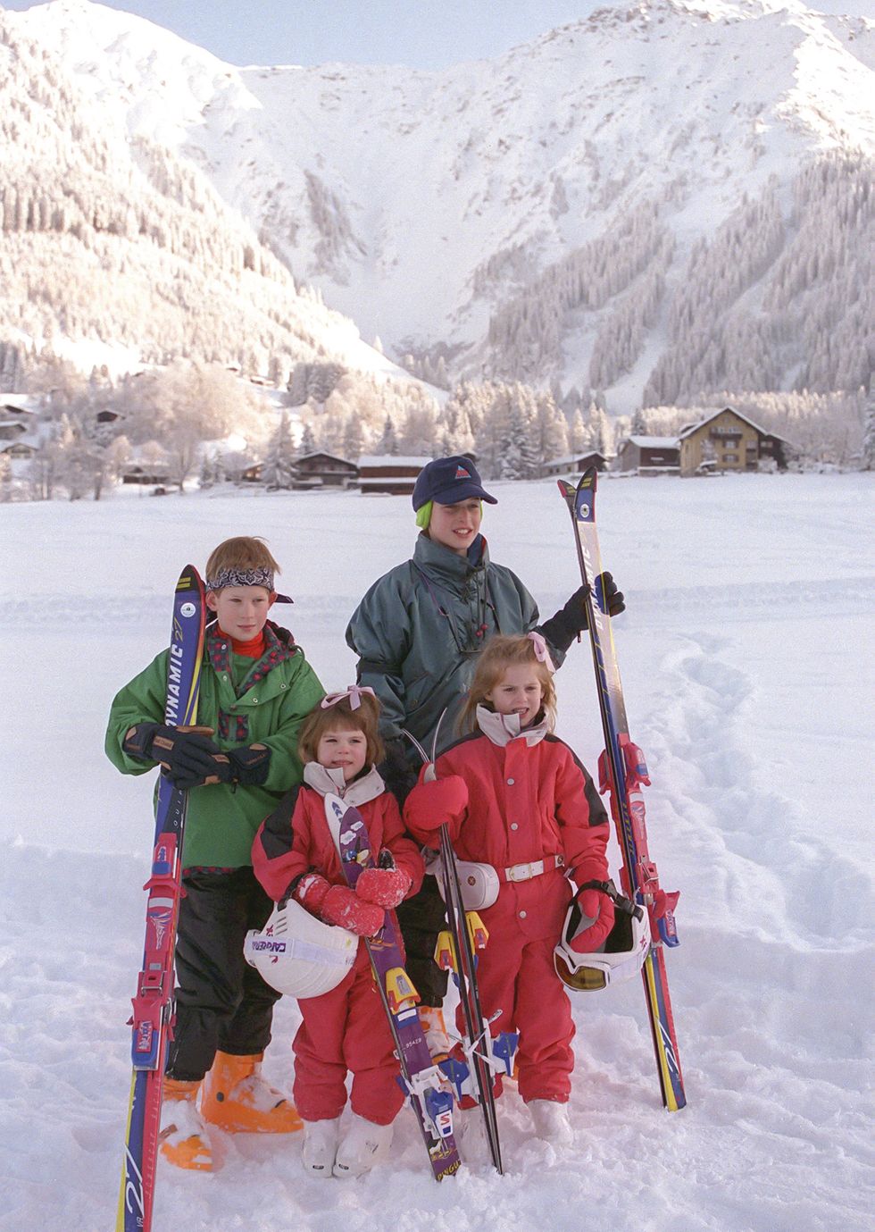 prince william, and harry, princess beatrice and eugenie sking, in klosters, switzerland