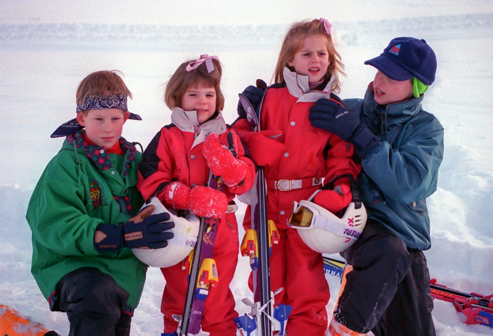 Prince William, and Harry, Princess Beatrice and Eugenie sking, in Klosters, Switzerland