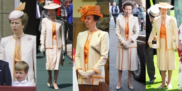 a series of images showcasing a woman in a cream and orange outfit at various events