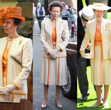 a series of images showcasing a woman in a cream and orange outfit at various events a series of images showcasing a woman in a cream and orange outfit at various events