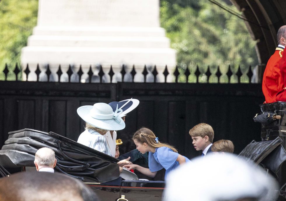 london, uk   june 02 camilla, duchess of cornwall and catherine, duchess of cambridge, travel in a horse drawn carriage with princess charlotte and prince george during the trooping the colour parade celebrations to mark queen elizabeths platinum jubilee on whitehall and the mall at trafalgar squarein london, britain, 02 june 2022 the platinum jubilee of queen elizabeth ii will be celebrated from 02 to 05 june 2022 to mark the 70th anniversary of her accession to the throne on 06 february 1952 photo by rasid necati aslimanadolu agency via getty images