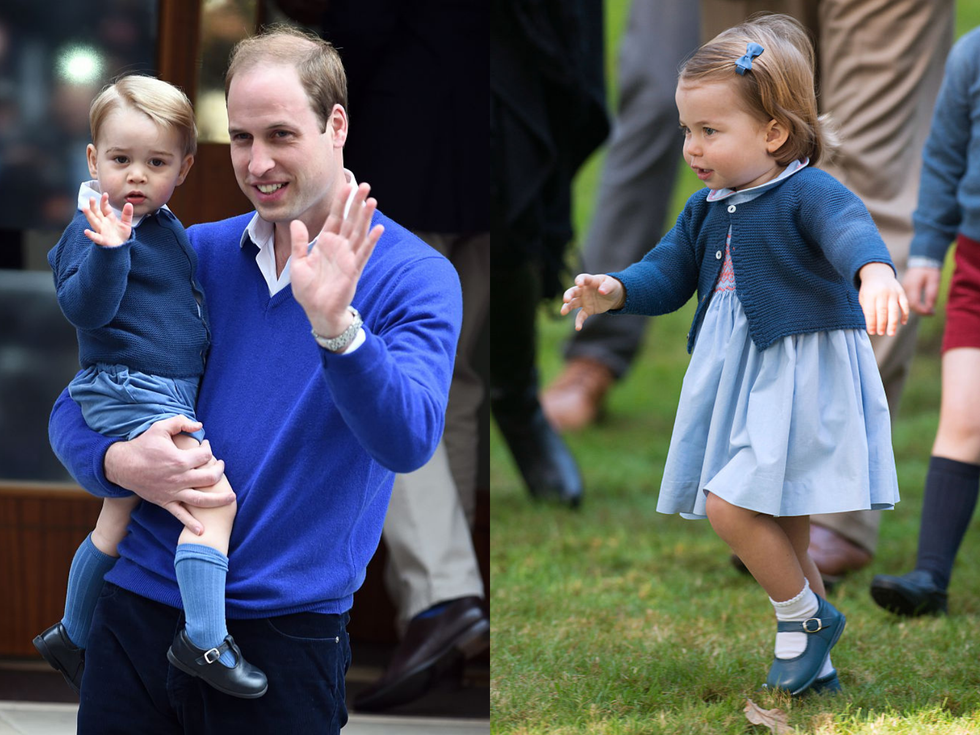 left prince william holding his son prince george, right princess charlotte