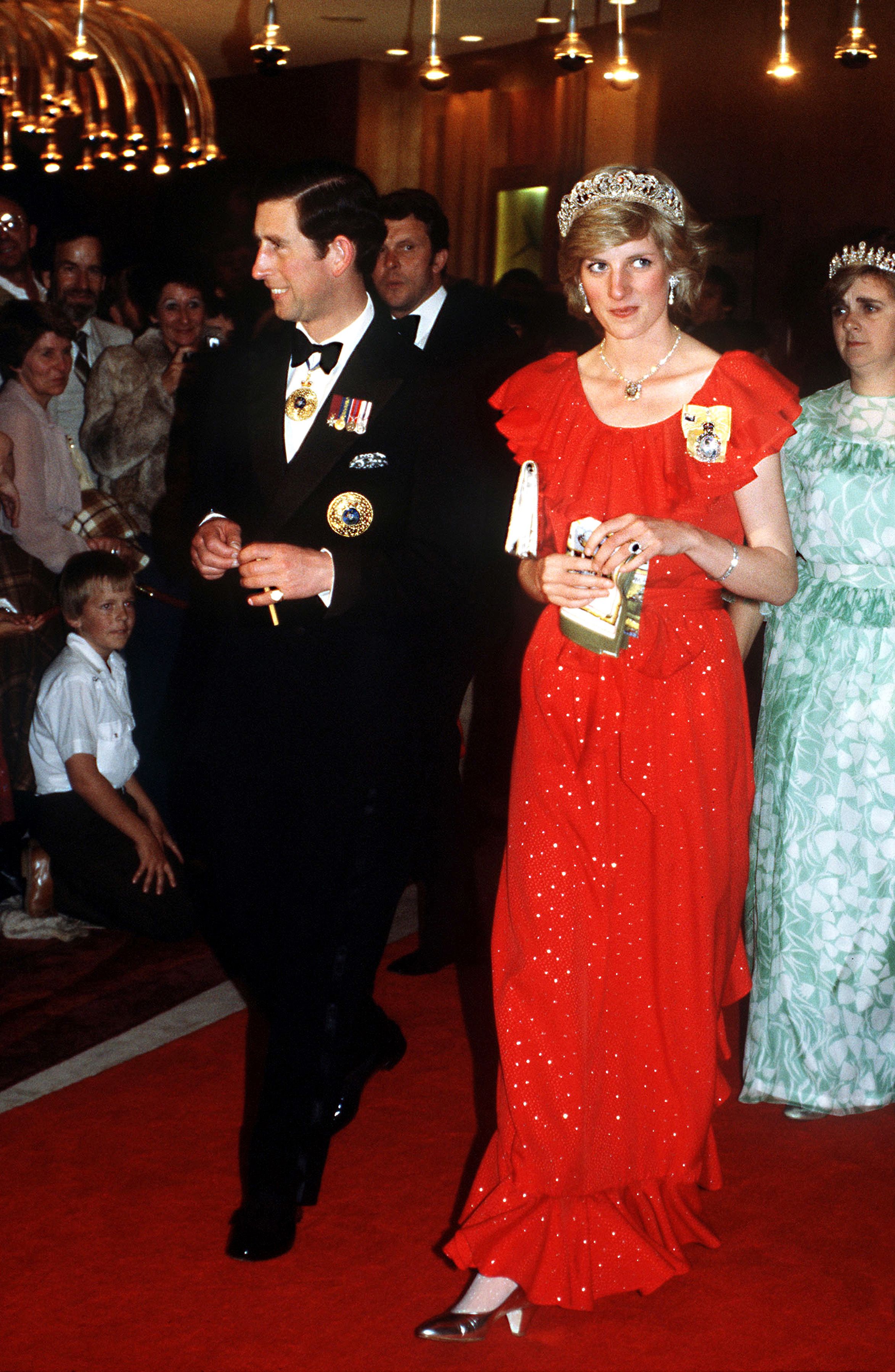 Princess Diana, on Walkabout During Visit Wearing Red Suit and Red