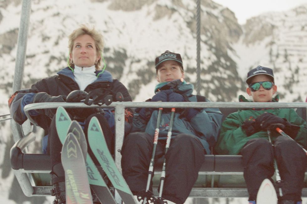 the princess of wales, princess diana, on he ski holiday to lech, austria the princess enjoyed her skiing holiday with her sons prince william and prince harry pictured with her on the ski lift picture taken 25th march 1994 photo by kent gavinmirrorpixgetty images