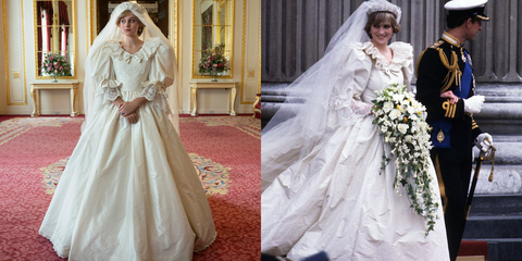 princess diana wedding dress in "the crown" vs real life