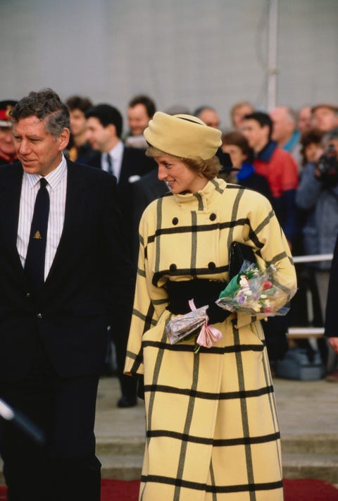 diana, princess of wales  1961   1997 on the isle of wight, to name the new hm customs patrol boat vigilant, 6th december 1988 she is wearing a black and yellow coat by escada and a philip somerville hat  photo by terry fincherprincess diana archivegetty images