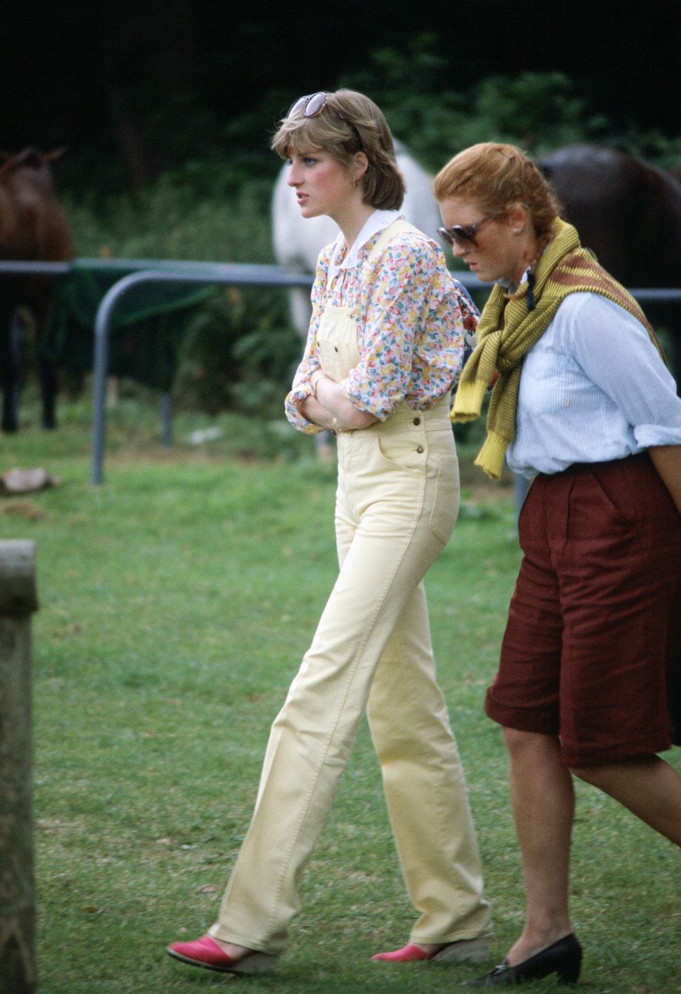 cowdray park, united kingdom   july 12  lady diana spencer and sarah ferguson talking together at a polo matchin the 1980s before either married a royal prince  photo by tim graham photo library via getty images