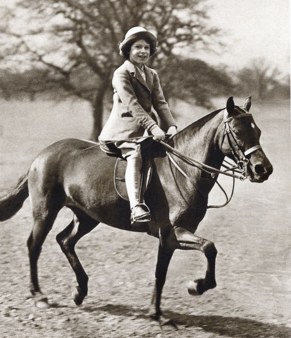 Princess Elizabeth riding her pony in Winsor Great Park, 1930s.