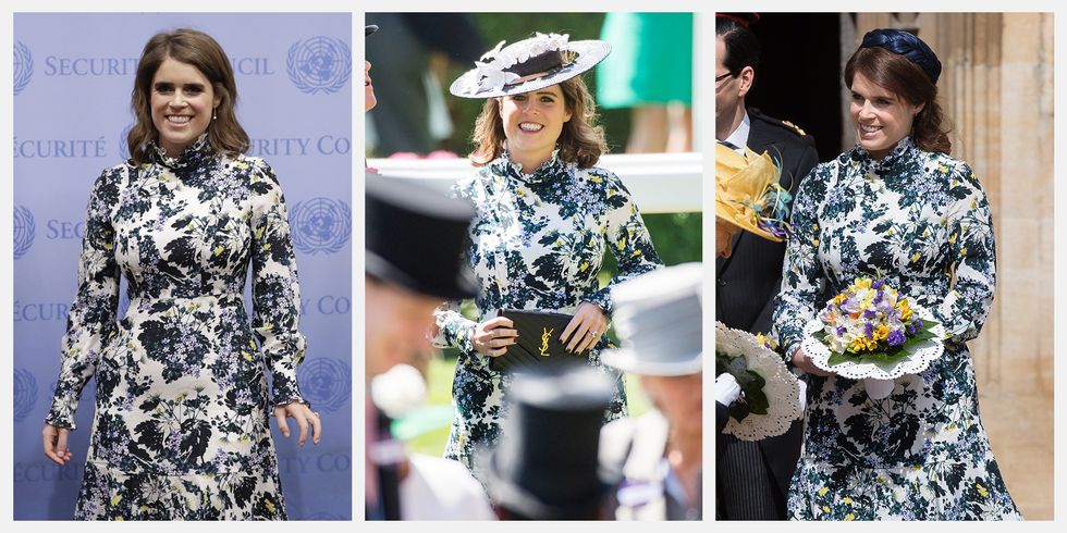 Princess Eugenie at the UN (left) Royal Ascot (center) and Maundy Thursday (right).