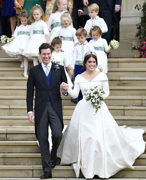 windsor, england   october 12 princess eugenie of york of york and her husband jack brooksbank leave after their wedding at st george's chapel in windsor castle on october 12, 2018 in windsor, england photo by toby melville   wpa poolgetty images