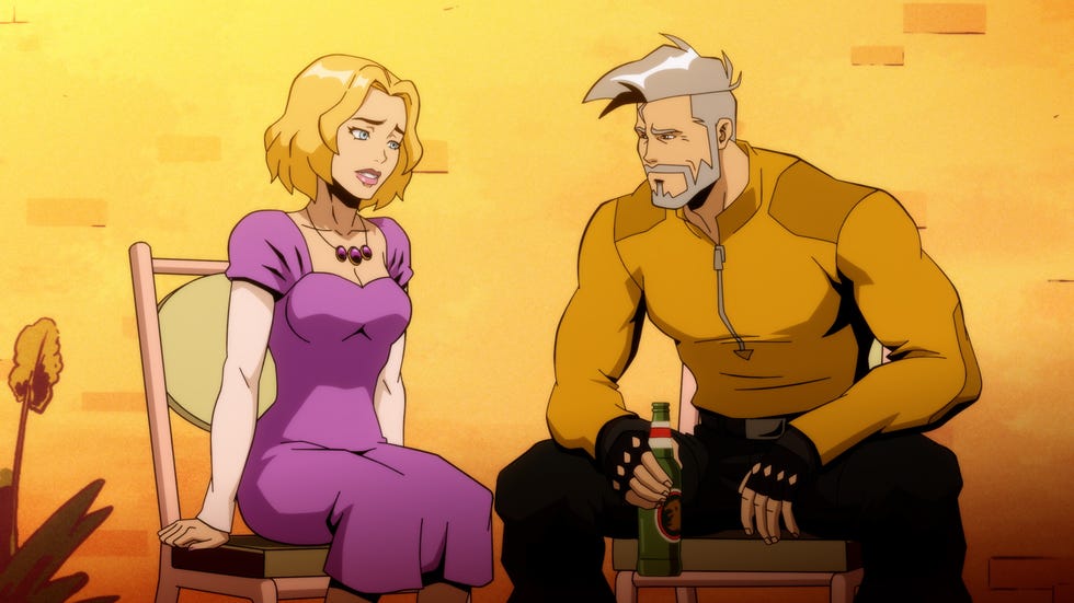 two animated characters seated against a yellow background