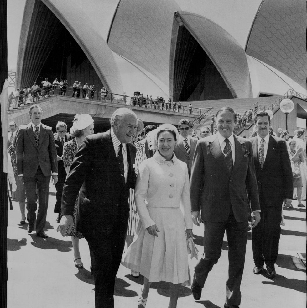 Princess Margaret Oct. Nov. 1975 Tour pictured at She Opera House today with Mr. T.B. Buckley, Chairman of Trustees of the Sydney Opera House (left) and the Hon. L.J.P. Barraclough, Minister for Culture, Sport and Recreation.