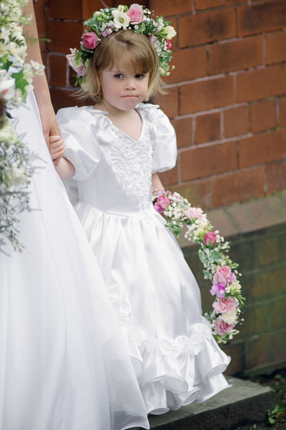 Child, Dress, Clothing, White, Gown, Bridal party dress, Bridal clothing, Wedding dress, Shoulder, Ceremony, 