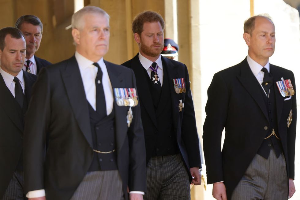 windsor, england   april 17 peter phillips, prince andrew, duke of york, prince harry, duke of sussex and prince edward, earl of wessex during the funeral of prince philip, duke of edinburgh at windsor castle on april 17, 2021 in windsor, england prince philip of greece and denmark was born 10 june 1921, in greece he served in the british royal navy and fought in wwii he married the then princess elizabeth on 20 november 1947 and was created duke of edinburgh, earl of merioneth, and baron greenwich by king vi he served as prince consort to queen elizabeth ii until his death on april 9 2021, months short of his 100th birthday his funeral takes place today at windsor castle with only 30 guests invited due to coronavirus pandemic restrictions photo by chris jacksonwpa poolgetty images