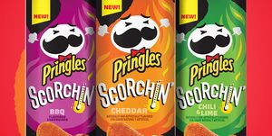 pringles scorchin’ cheddar, bbq, and chili  lime chips flavors