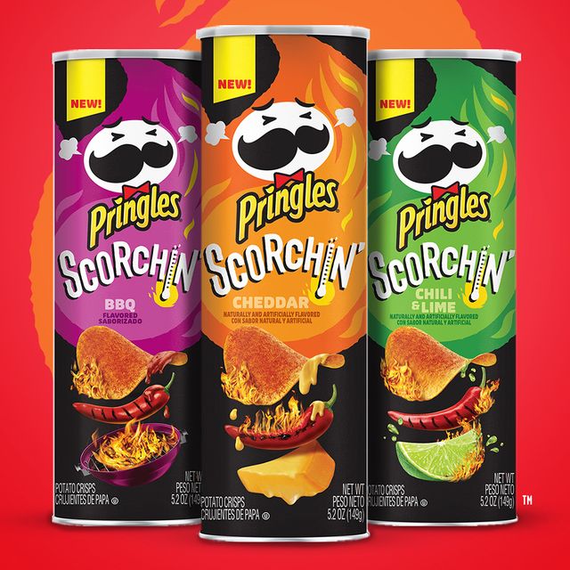 pringles scorchin’ cheddar, bbq, and chili  lime chips flavors