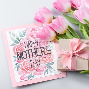 printable mother's day card with abstract pink flowers illustration photographed with pink tulips and gift box