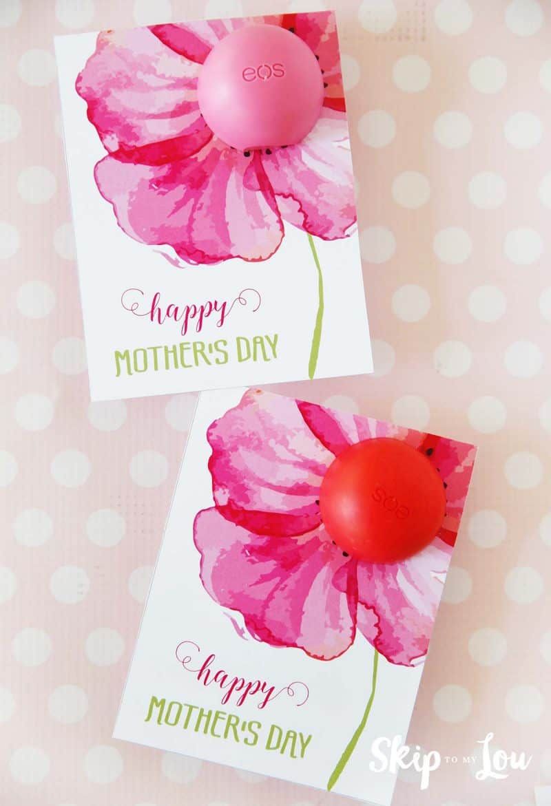 printable happy mother's day card with pink flower illustration and spherical lip balm container inserted in the center