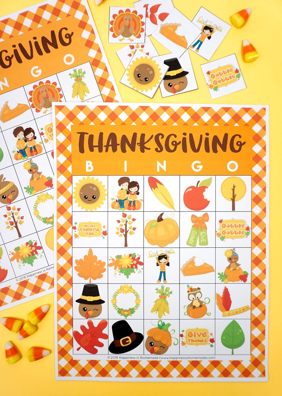 a thanksgiving bingo card with turkey, pumpkin, pilgrim hat and other images