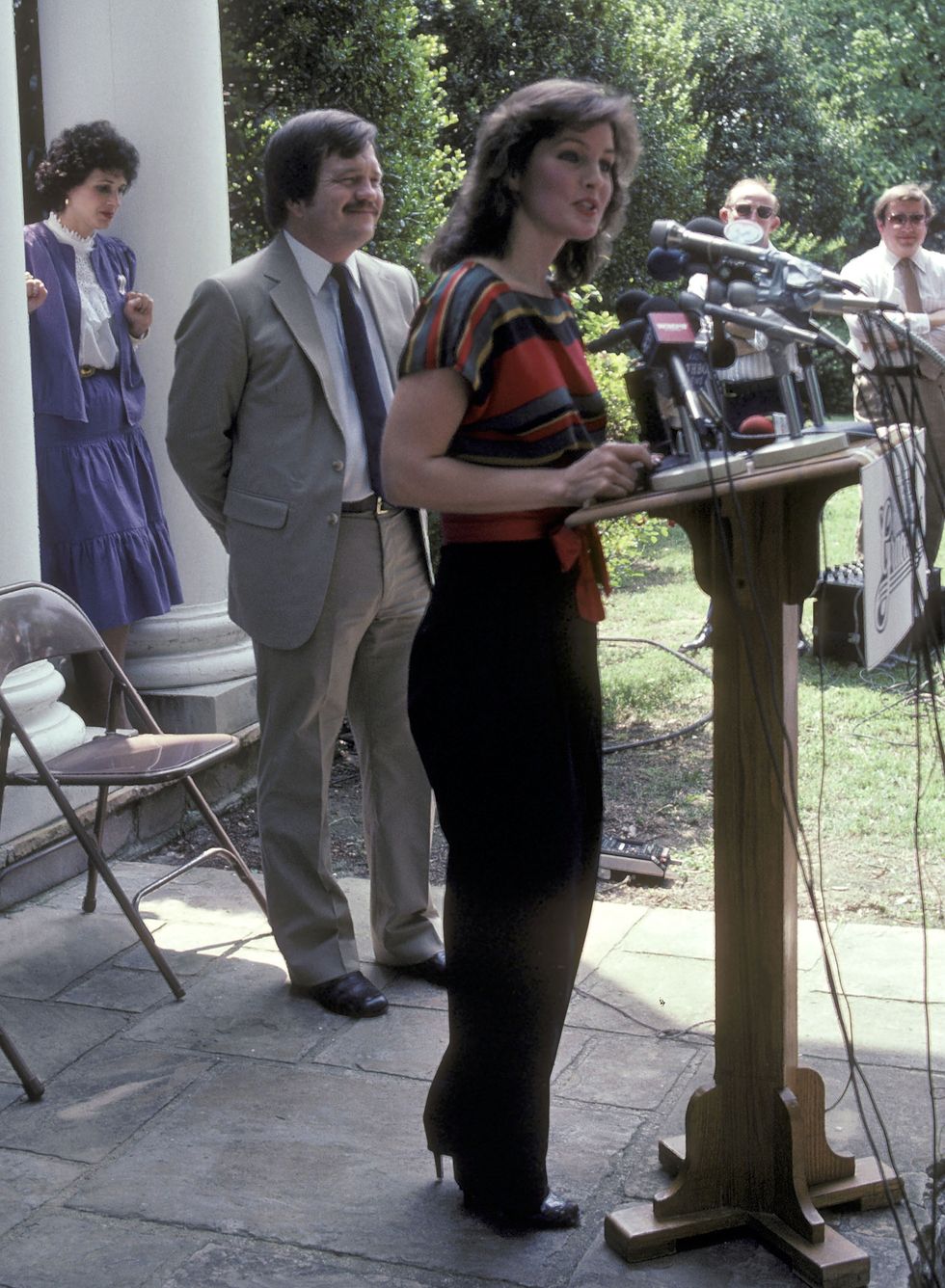 priscilla presley gives a press conference to announce elvis presley's home, graceland mansion, will open to the public on june 7, 1982 as a memorial museum