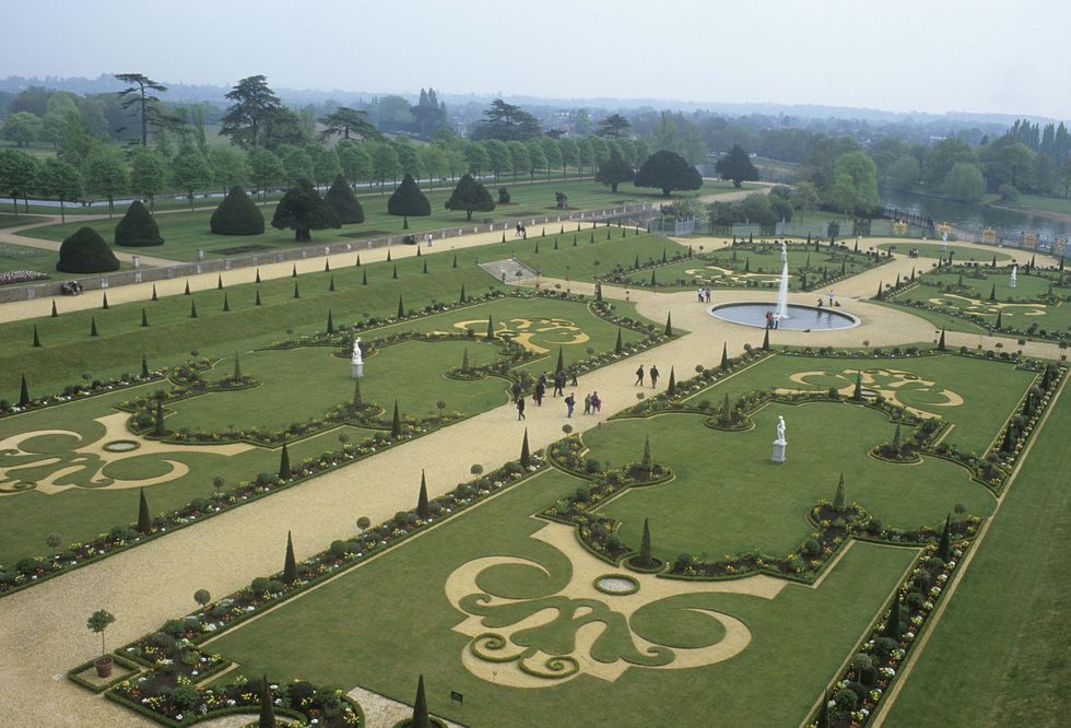 hampton court palace,the privy garden aerial view looking south east