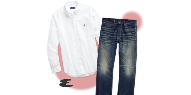 white buttondown shirt and blue denim jeans displayed side by side