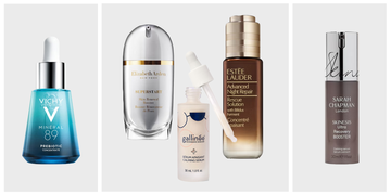 collection of skincare serums in stylish bottles